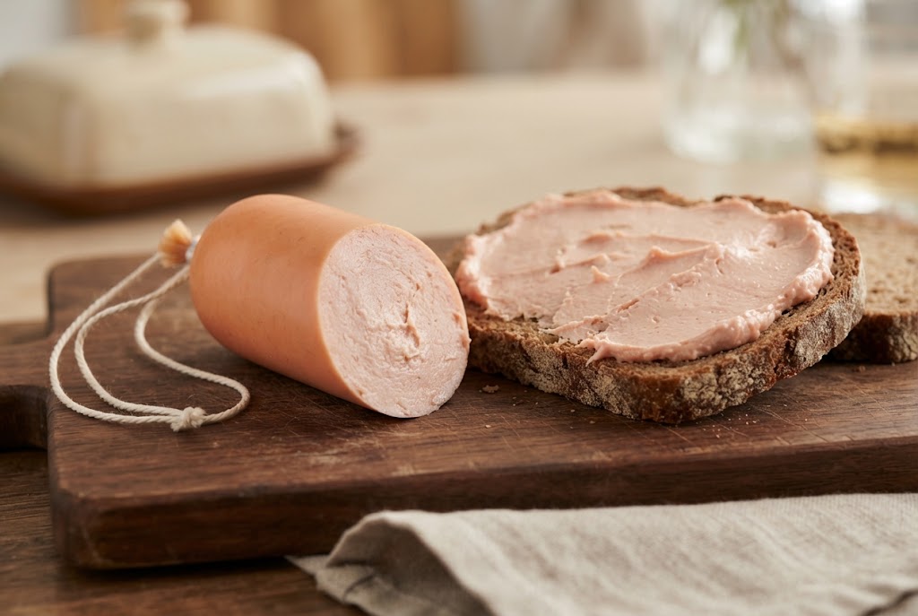 Teewurst: pale salmon-pink smooth spread on rye, on a dark walnut board