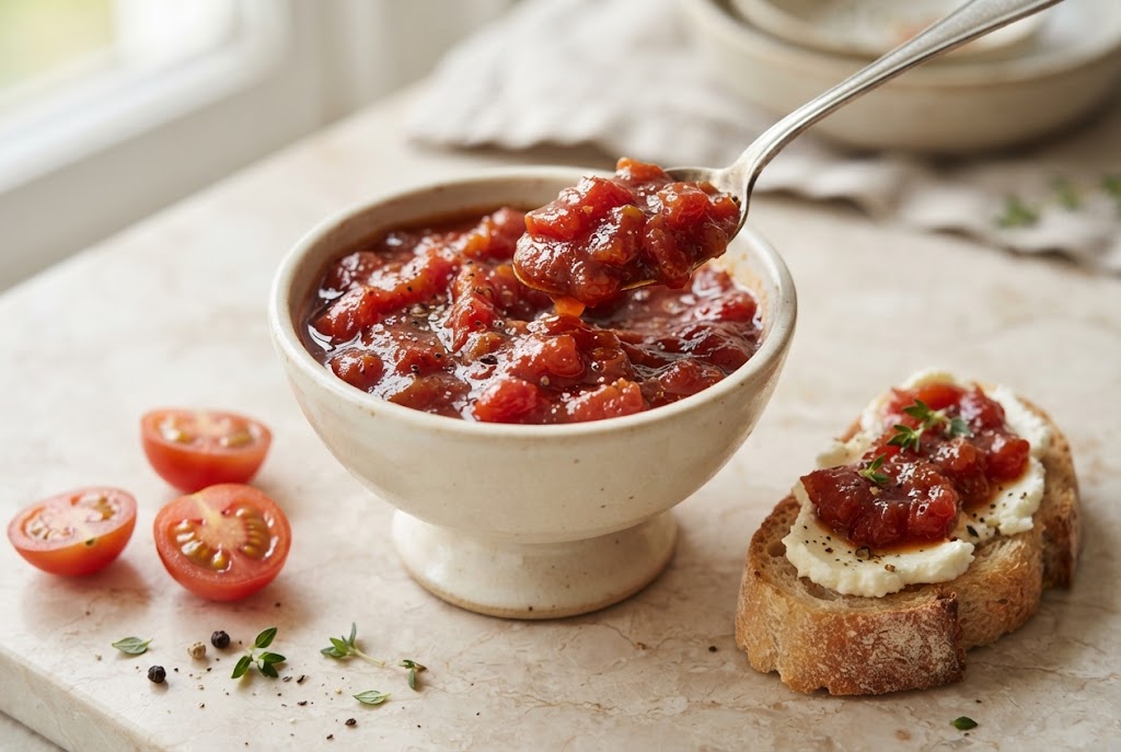 Tomato Jam: glossy chunky brick-red jam with soft tomato pieces, on pale marble