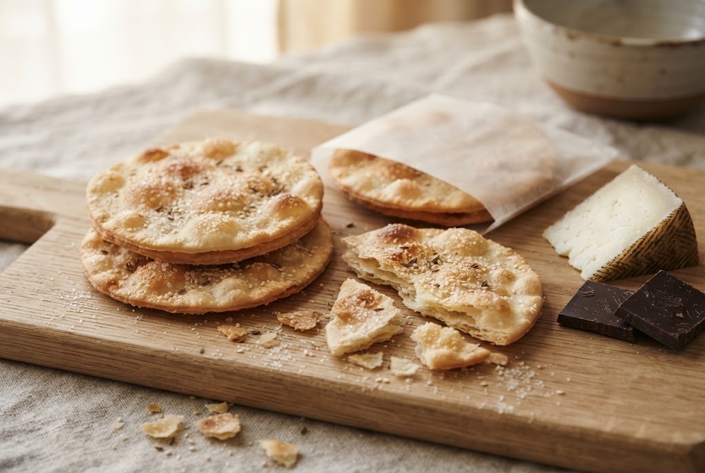 Tortas de aceite: thin blistered olive oil crisps with sugar and sesame, broken shards, one in plain wax paper, Manchego and chocolate, on an oak board