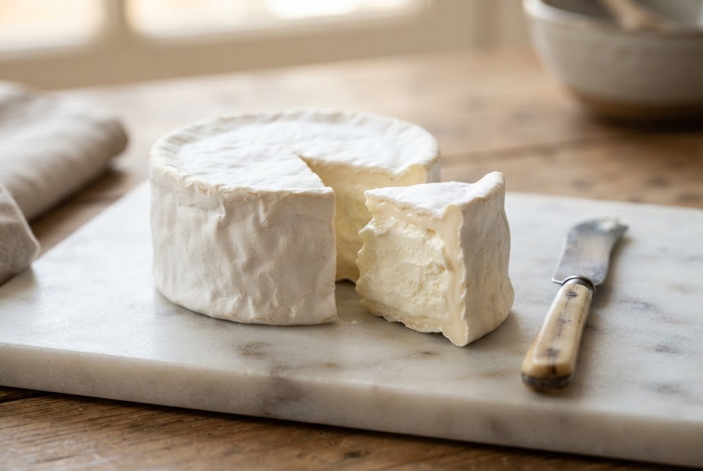 Triple-Crème: small tall white drum, mousse-like white paste, on a marble slab