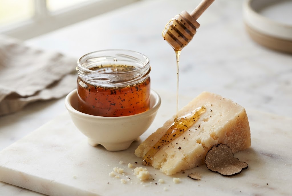 Truffle Honey: amber honey flecked with tiny black truffle specks, drizzled on pecorino, on pale marble