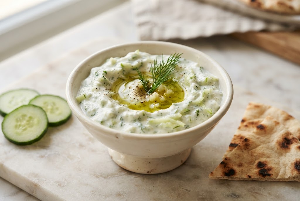 Tzatziki: thick white dip with green cucumber shreds and dill throughout, oil in the centre, on pale marble