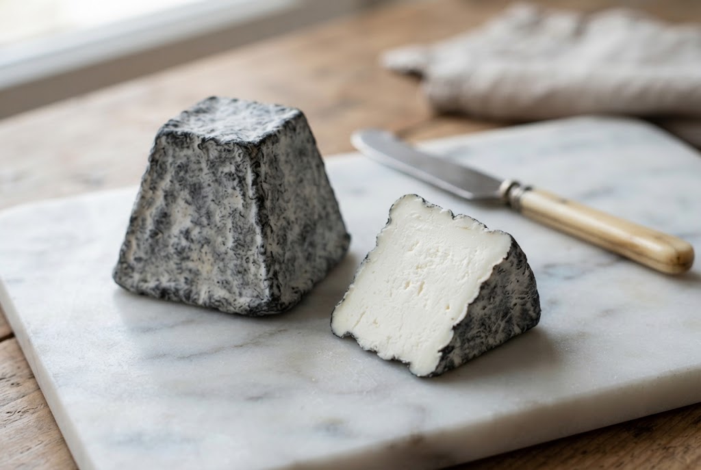 Valençay: flat-topped ash pyramid, white interior, on a marble slab
