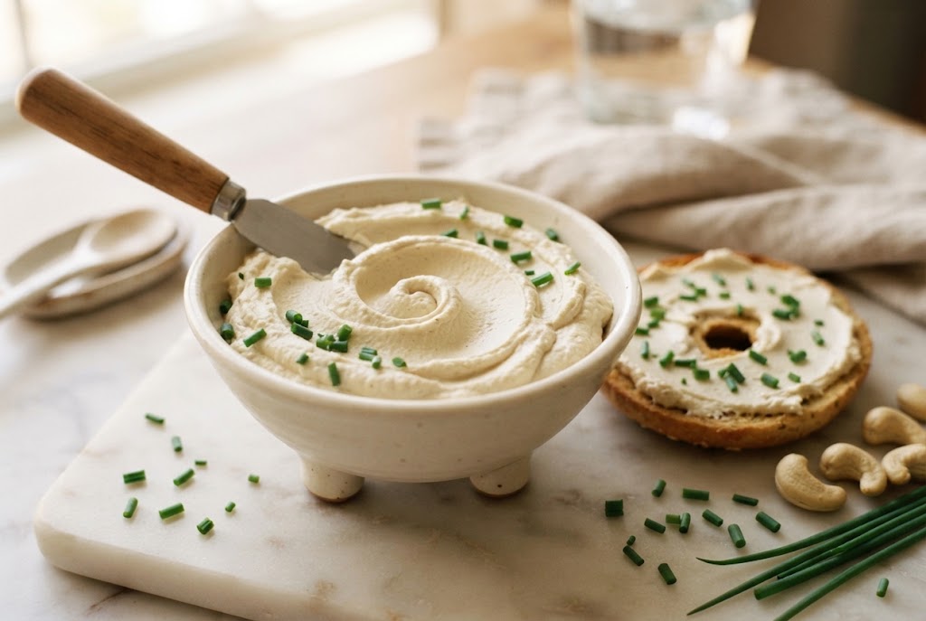 Vegan Cream Cheese: thick matte ivory spread holding a swirl, chives, on pale marble