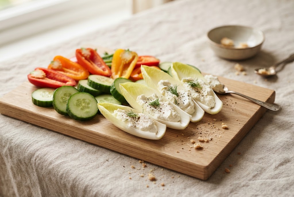 Vegetable Bases: endive boats, cucumber rounds, mini peppers, on a light oak board