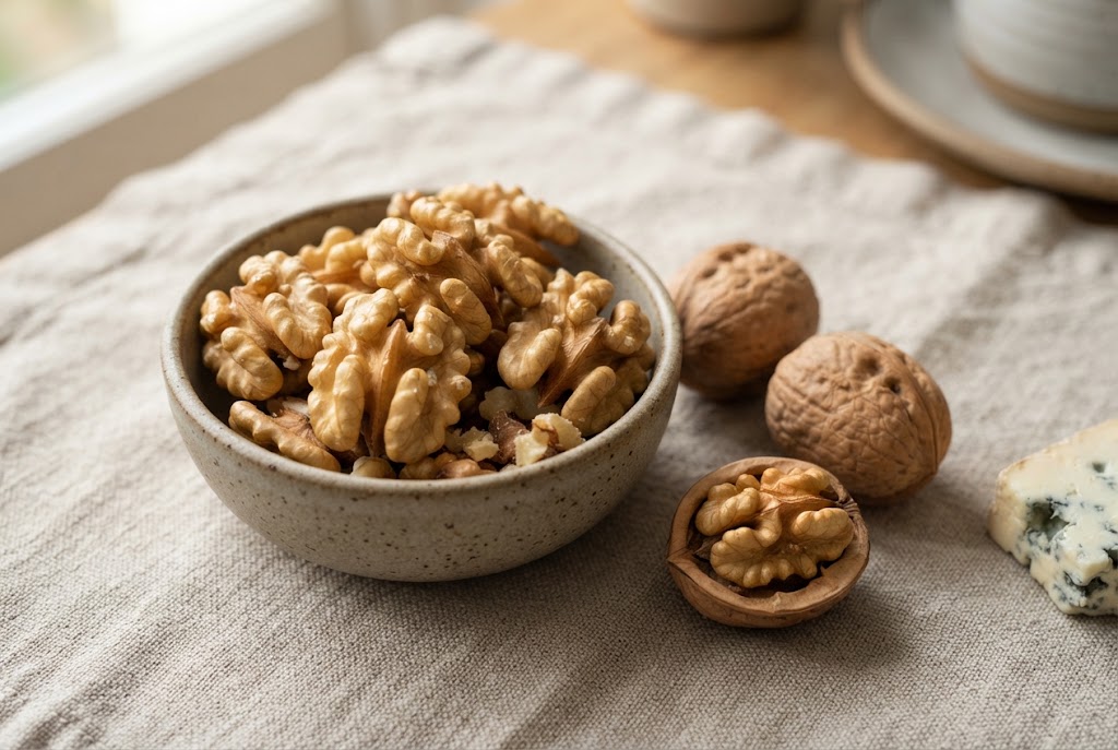 Walnuts: pale golden wrinkled halves, whole walnuts in ridged shells, on natural linen