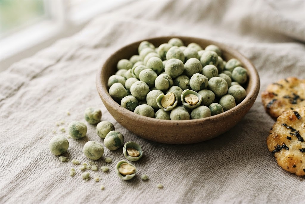 Wasabi Peas: small round matte pale-green coated peas, some cracked, on natural linen