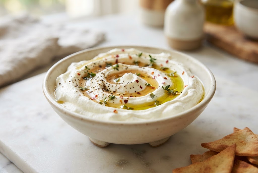 Whipped Feta: fluffy white swirl with honey, oil, pepper and thyme, on pale marble