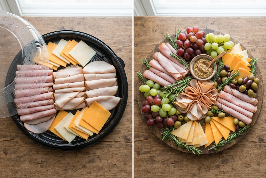 A store-bought deli platter in a plastic tray next to the same meat and cheese rearranged on a wooden board with grapes, olives, mustard and rosemary