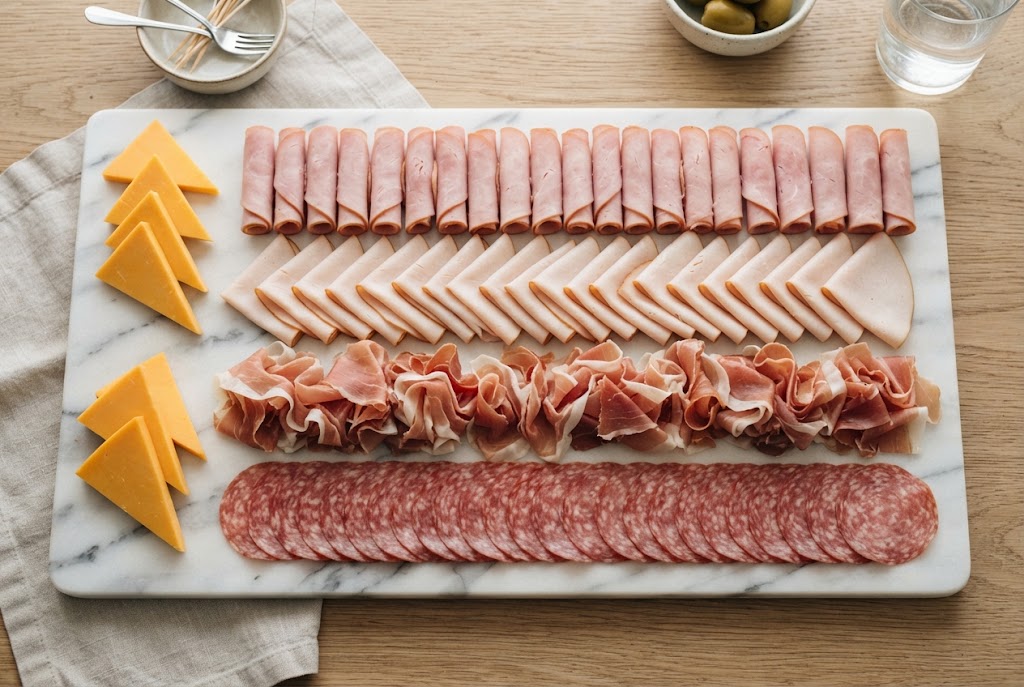 Four ways to fold deli meat on a tray: rolled ham, turkey folded into quarters, ruffled prosciutto and a fanned line of salami