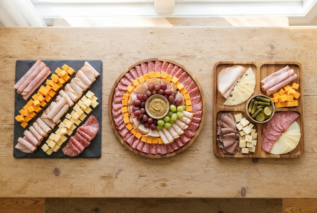 Three meat and cheese trays side by side showing three layouts: straight rows, concentric rings and four quadrants