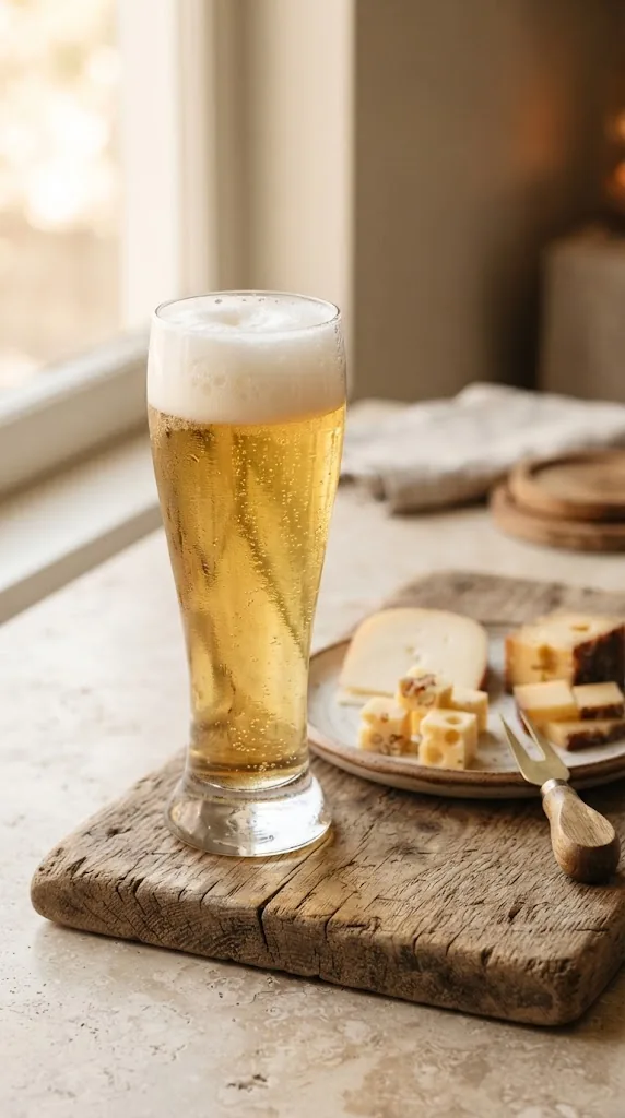 A glass of Lager & Pilsner with Havarti