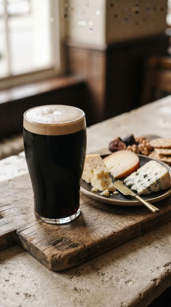 A glass of Stout & Porter with Aged Cheddar