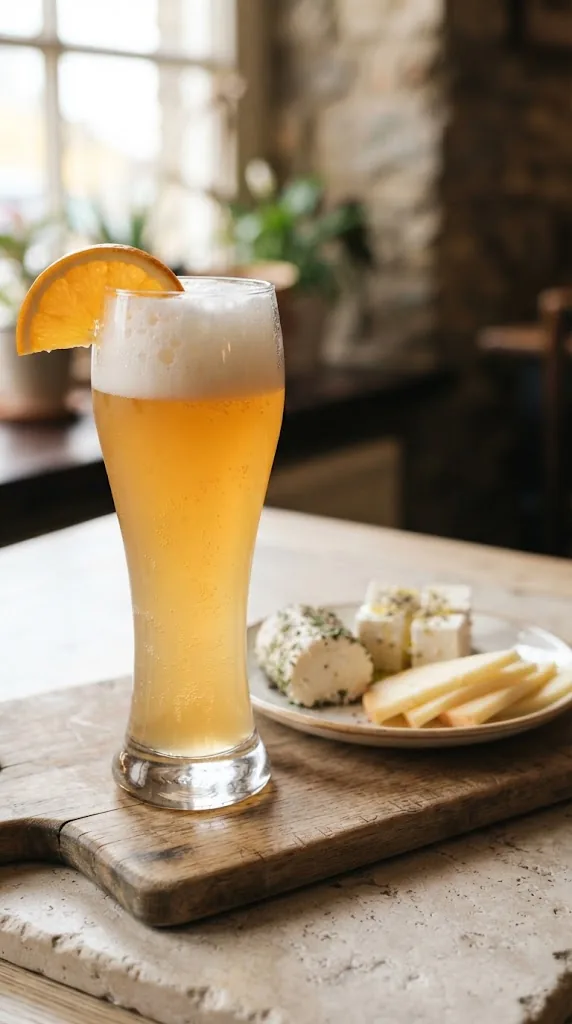 A glass of Wheat Beer with Fresh Chèvre
