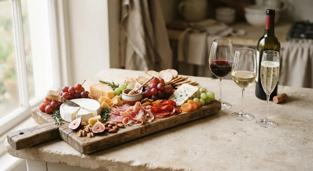 A charcuterie board with red, white and sparkling wine