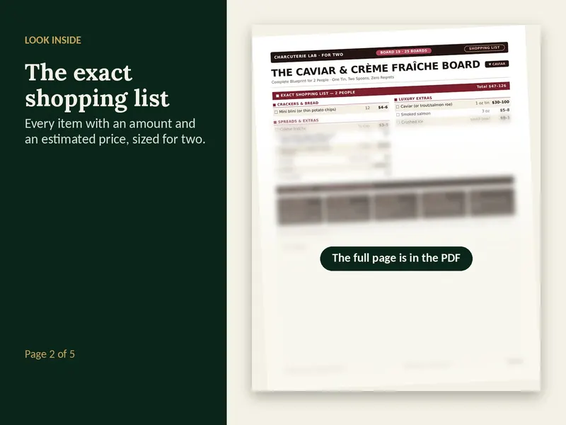 A page from the Caviar & Crème Fraîche Board for Two plan, partly blurred