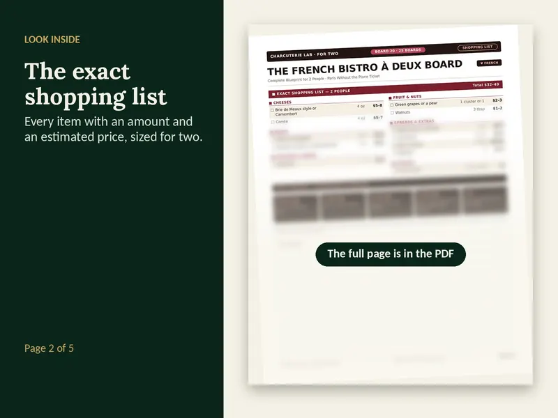 A page from the French Bistro Board for Two plan, partly blurred