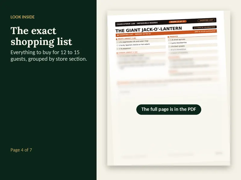A page from the Giant Jack-o'-Lantern Charcuterie Board plan, partly blurred