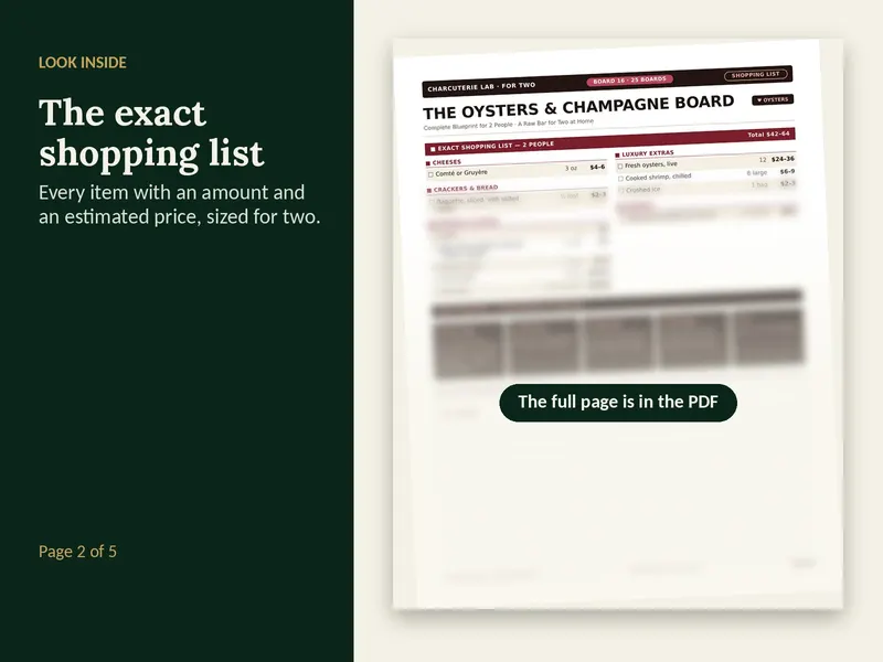 A page from the Oysters & Champagne Board for Two plan, partly blurred