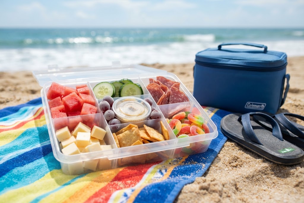 A snackle box on a beach towel next to a cooler, filled with watermelon cubes, cucumber rounds, salami, cheddar, pita chips, gummies and hummus
