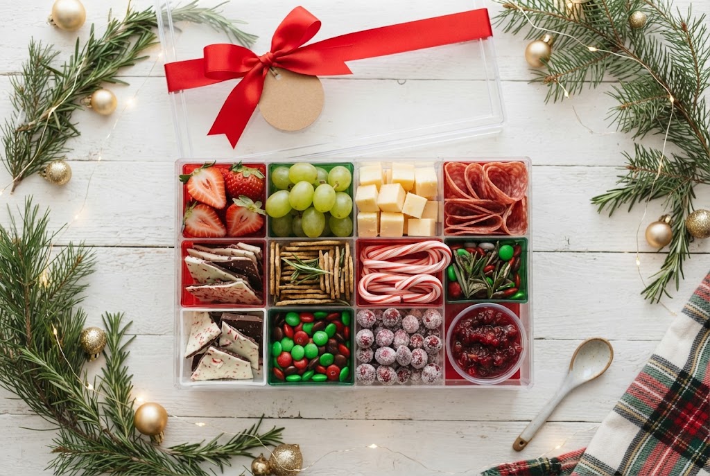 A clear snackle box filled with festive red, green and white snacks: strawberries, green grapes, white cheddar, salami, rosemary crackers, peppermint bark and red and green candies, tied with a red ribbon