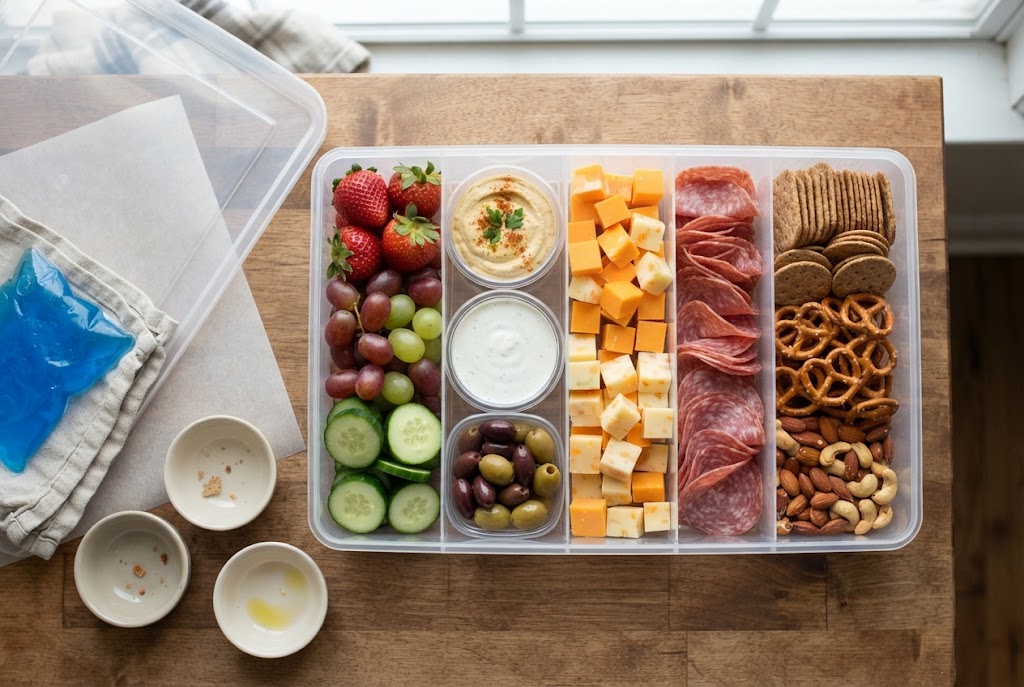 An overhead view of a snackle box being packed in order: lidded dip cups, fruit and veggies on one side, cheese and meat in the middle, crackers on the far side