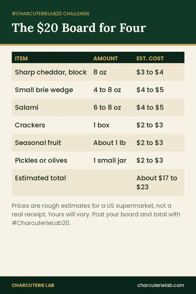 Shopping list for a $20 charcuterie board for four with estimated prices