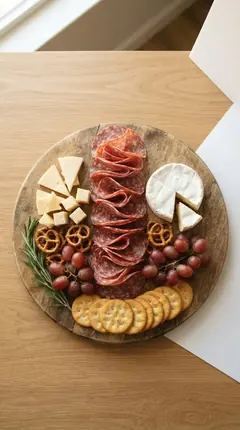 Salami folded into an S-shaped river between cheddar wedges and brie on a small round board