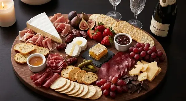 Date night board for two with brie, prosciutto, figs and chocolate