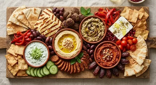 Mezze board with hummus, baba ganoush, muhammara, halloumi and za'atar