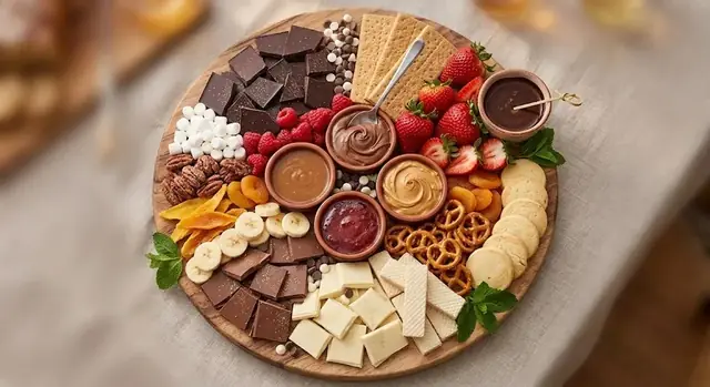 Dessert charcuterie board with chocolate, berries, cookies and Nutella