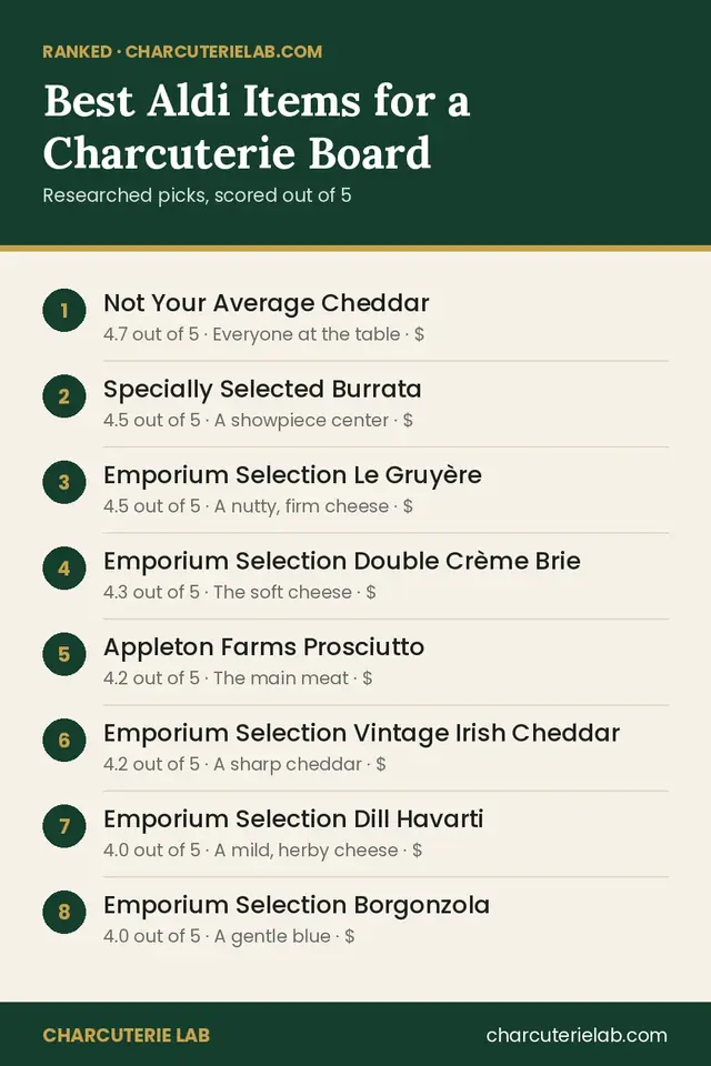 Ranked list of the best Aldi items for a charcuterie board, scored out of 5