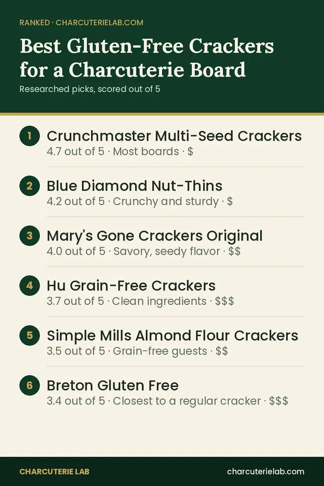 Ranked list of the best gluten-free crackers for a charcuterie board, scored out of 5