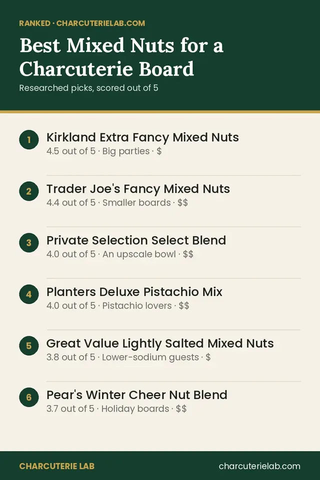 Ranked list of the best mixed nuts for a charcuterie board, scored out of 5