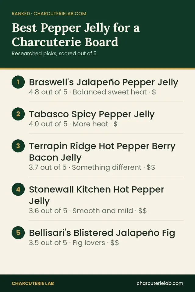 Ranked list of the best pepper jelly for a charcuterie board, scored out of 5
