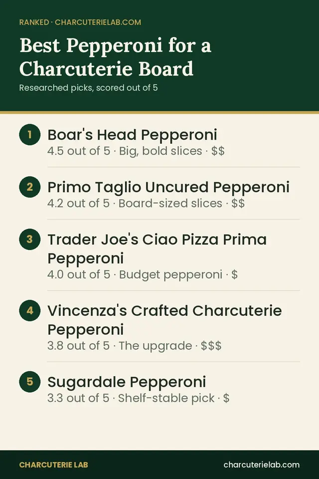 Ranked list of the best pepperoni for a charcuterie board, scored out of 5