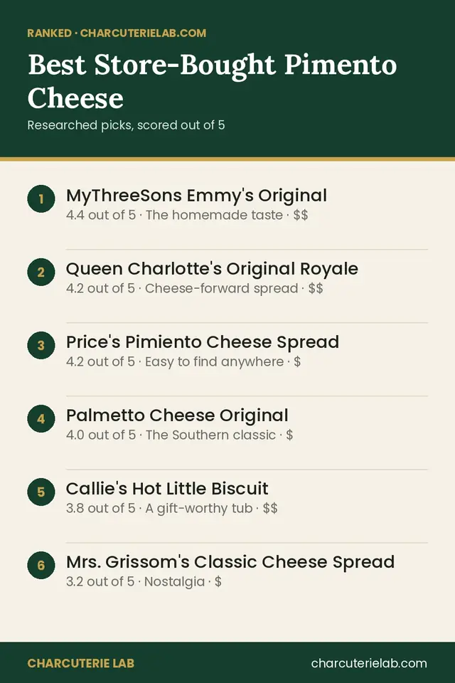 Ranked list of the best store-bought pimento cheese for a charcuterie board, scored out of 5