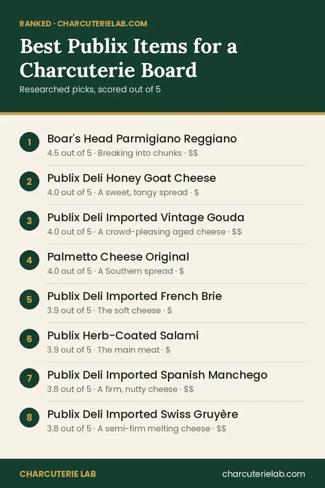 Ranked list of the best Publix items for a charcuterie board, scored out of 5