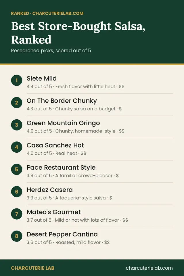 Ranked list of the best store-bought salsa for a game day board, scored out of 5