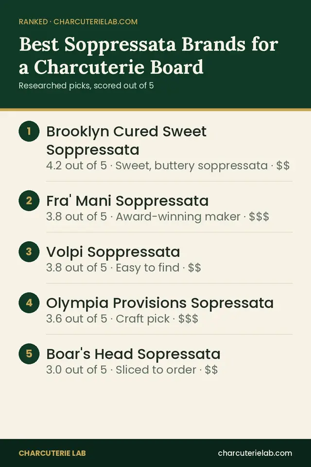 Ranked list of the best soppressata for a charcuterie board, scored out of 5
