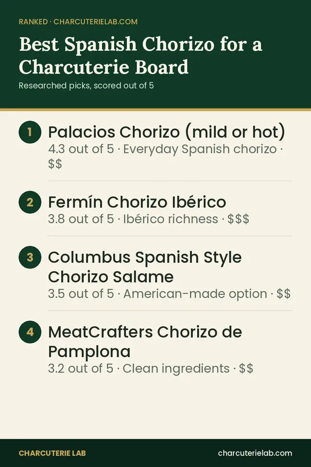 Ranked list of the best Spanish chorizo for a charcuterie board, scored out of 5
