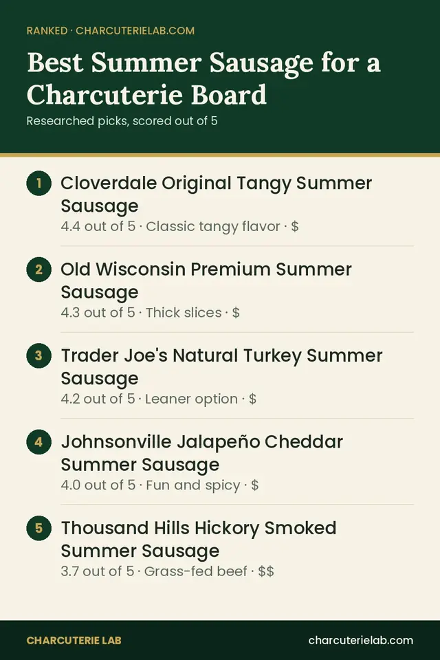 Ranked list of the best summer sausage for a charcuterie board, scored out of 5
