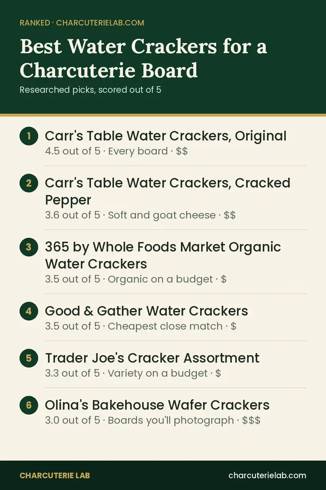 Ranked list of the best water crackers for a charcuterie board, scored out of 5