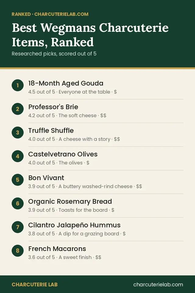 Ranked list of the best Wegmans items for a charcuterie board, scored out of 5