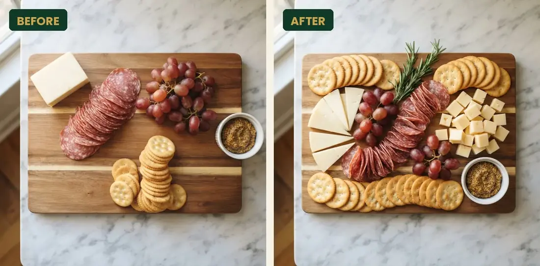 Weeknight charcuterie board before and after styling with the same cheddar, salami, grapes and crackers