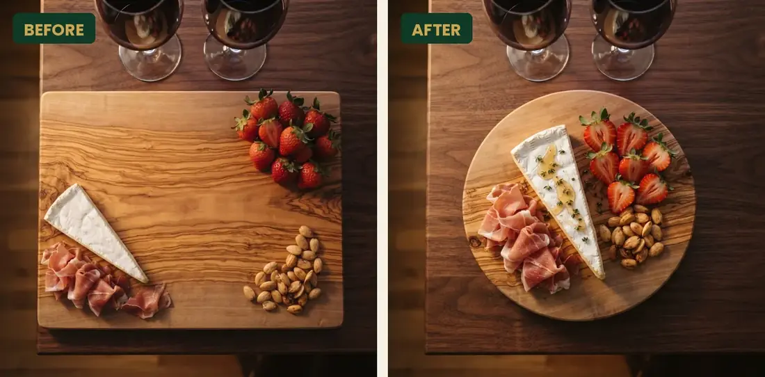 Date-night board for two before and after: an oversized board with scattered food, then a small styled board