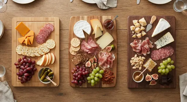 Three charcuterie boards side by side: a budget board, a standard board and a luxury board