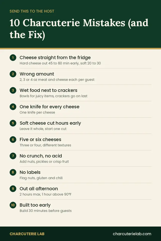 Checklist of 10 charcuterie board mistakes and the fix for each