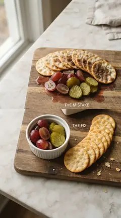 Grapes and pickles making crackers soggy on a board, next to the fix with a small bowl and crisp crackers