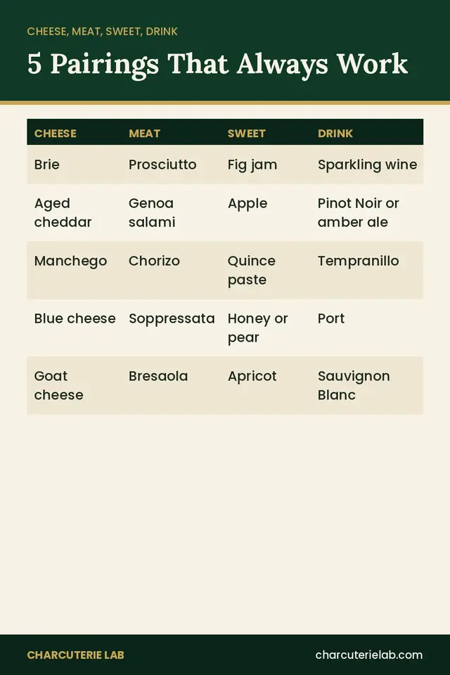 Five charcuterie pairings of cheese, meat, sweet and drink